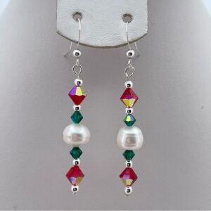 Christmas Swarovski Crystal & Freshwater Pearl Earrings Sterling Silver Hook
